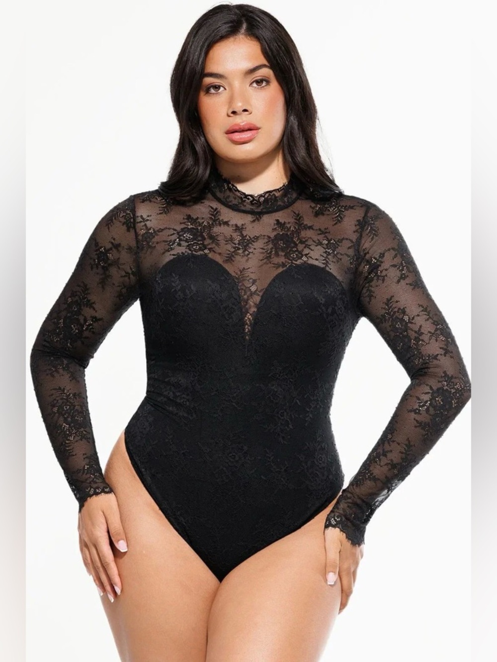 NWT Black Lace Long-Sleeve Sheer Bodysuit